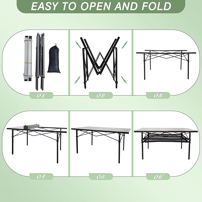 Large Folding Camping Table Aluminum with Storage for 4-6 People 55X27.5 Roll Up Tall Outdoor Portable Table Lightweight with Carry Bag for Picnic BBQ Backyard Beach