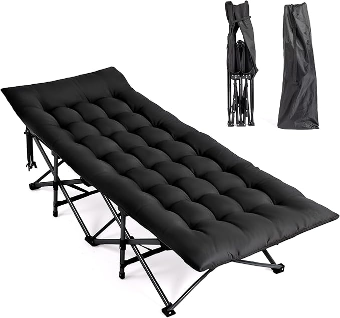VINGLI Folding Camping Cot BedCamping Cots for Adults with Mattress Cots for Sleeping with Pillow 1200D Layer Oxford for for Guest-Black 1P