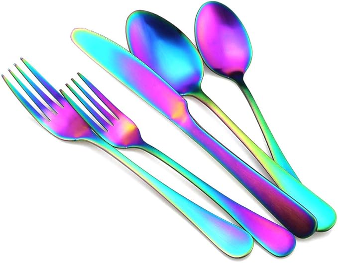 Gugrida Matte Rainbow Portable Stainless Steel 20-Piece Silverware Set Cutlery Set Service for 4 Travel Utensils Set for Camping Office Colorful Knife Fork Spoon Set Dishwasher Safe