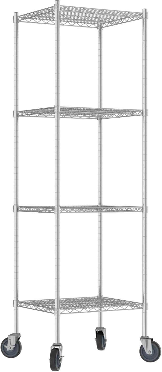 Commercial NSF Listed Chrome Mobile Wire Shelving Kit 21 x 24 x 80 with 4 Shelves Perfect for Warehouse Walk-in Refrigerator Freezer Grocery Store Restaurant Dishroom