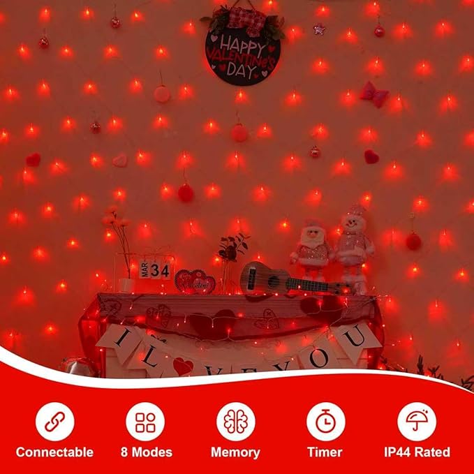 QITONG Red Net Lights Outdoor Mesh Lights 360 LED 12ft x 5ft Christmas Net Light Plug in 8 Modes Clear Wire Bush Light