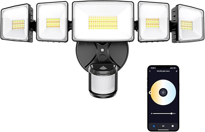 Onforu 5 Heads 120W 12000LM Smart LED Security Lights Motion Sensor Outdoor APP Control 340° Illumination WiFi Alexa Flood Light 2700K-6500K Exterior Motion Detector IP65 Wall Light for Yard Black