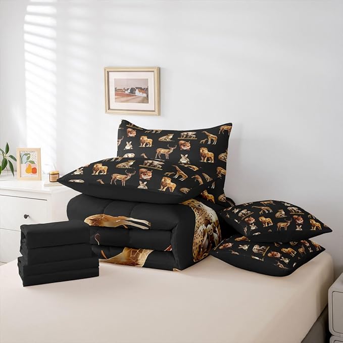 jejeloiu Zoo Animal 7 Piece Bedding Set for Girls Boys Kids Twin Size Cute Giraffe Bed in a Bag Room Decor Cartoon Animal Comforter Set with SheetsPillowcases &amp Cushion Cover Black Brown Microfib