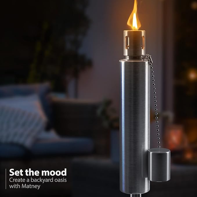 Matney Stainless Steel Outdoor Torches - Decorative Garden &amp Yard Lights - 5 ft Oil Lamp for Citronella - Fiberglass Wick &amp Snuffer Cap - Set of 2 (Barrel)