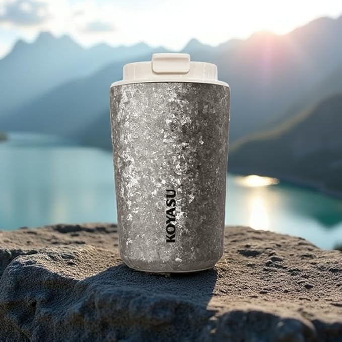 KOYASU Ti-Zen Titanium Travel Coffee Mug - 12oz Ultralight Insulated Tumbler - Premium EDC Gear &amp Tactical Accessories - Heavy Duty Cup - Crystallized Texture Thermal Flask - Nimbus Gray
