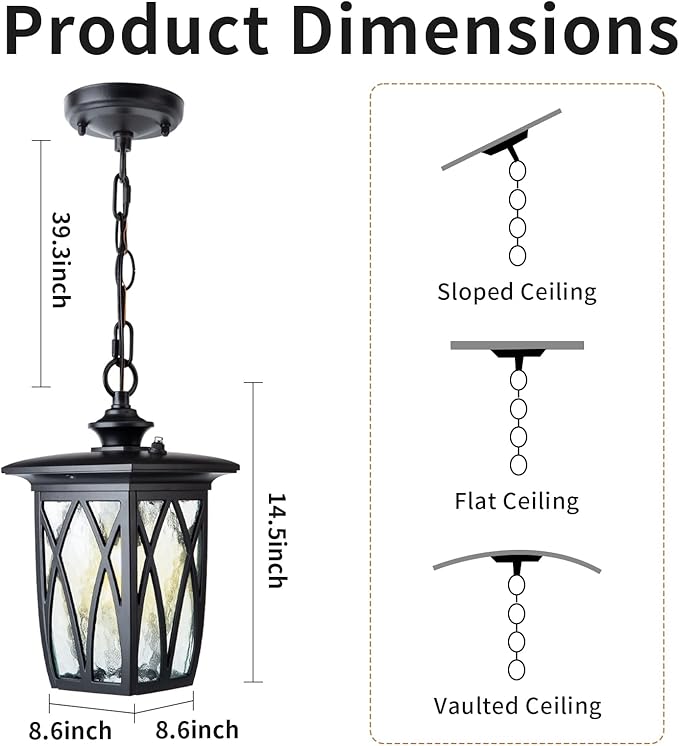 JYZ Dusk to Dawn Outdoor Pendant Lantern 15 Inch Craftsman Style Large Exterior Hanging Light with Water Ripple Glass Traditional Outdoor Chandelier for Front Porch Gazebo Patio Garden