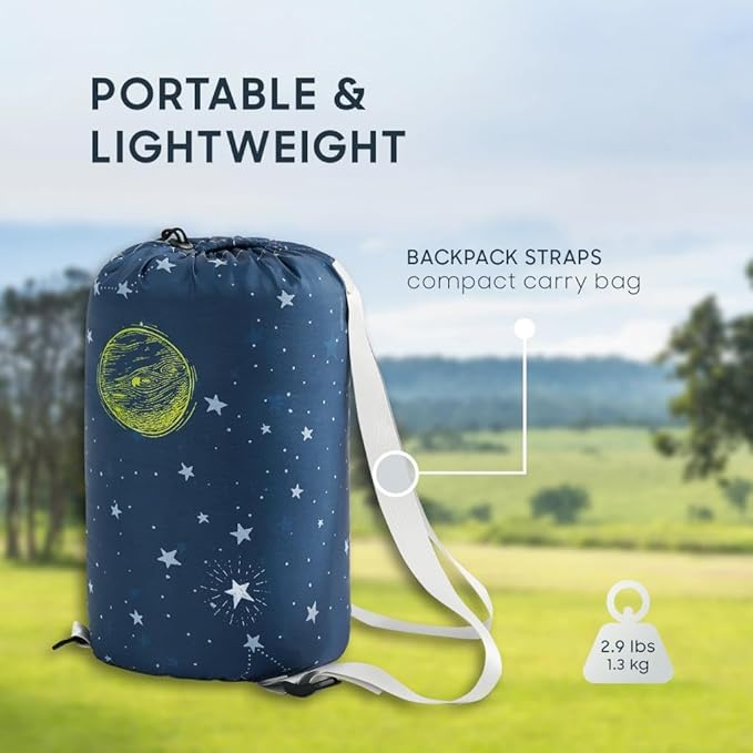 Wake In Cloud - Kids Sleeping Bag for Boys Toddlers Camping in Warm Cold Weather Backpacking Lightweight Compact Outdoor Liner for 3 Seasons Space Stars Rockets Galaxy