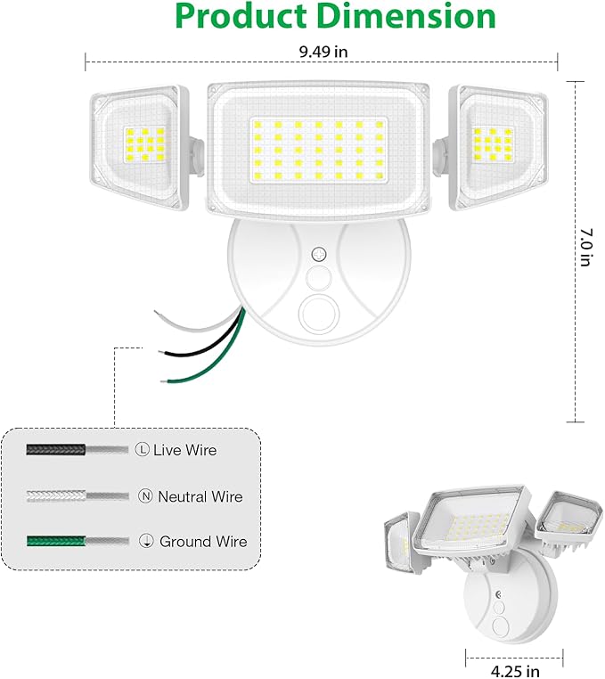 iMaihom 65W 6500LM LED Outdoor Flood Light Switch Controlled Outdoor Security Light 3 Adjustable Heads IP65 Waterproof 6500K Daylight White Hardwired Wall Mount Light for Garage Yard Patio White