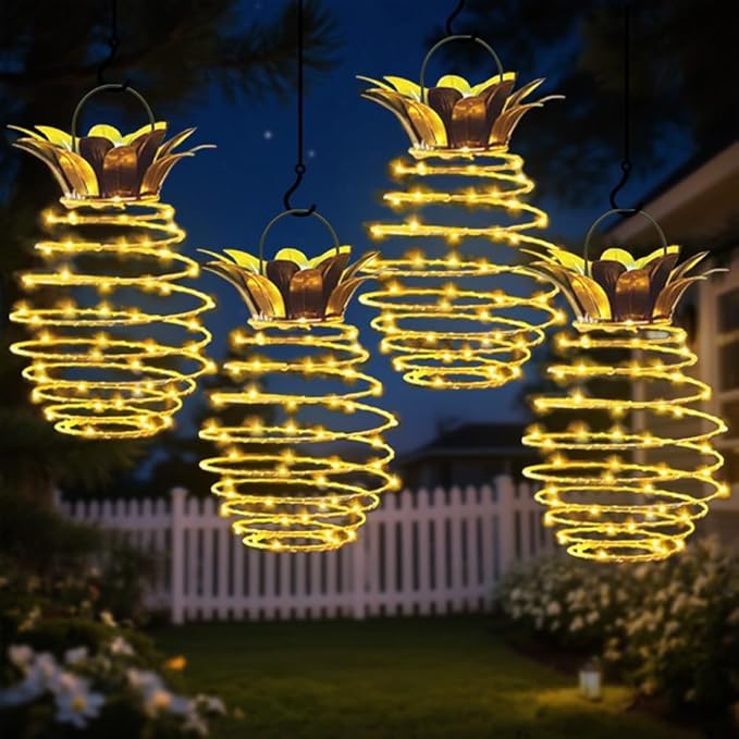 4 Pack Outdoor Solar Hanging Lantern Lights - 60LED Waterproof Solar Pineapple Light Outdoor for GardenYard Porch Lawn Backyard Landscape Pathway Patio Outside Gardening