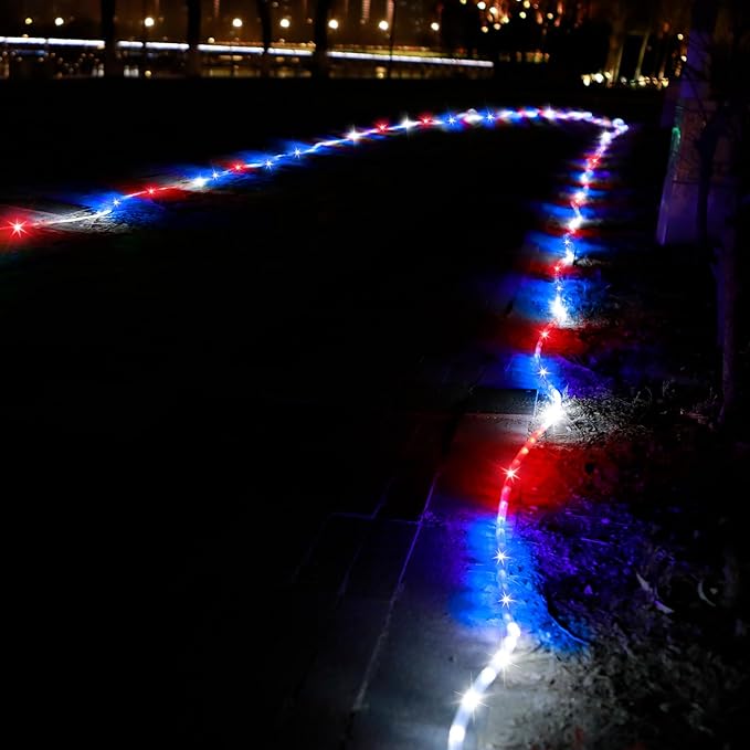 50ft 360 LED Waterproof Rope Lights 110V Connectable Indoor Outdoor Led Rope Lights for Deck Patio Pool Camping Bedroom Decor Landscape Lighting and More (RED+White+Blue)