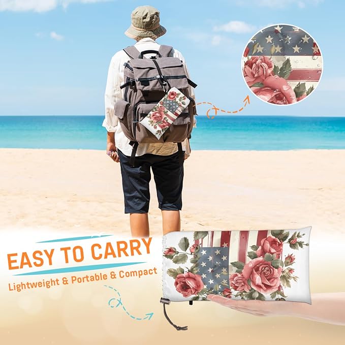 Waterproof Sandproof Beach Blanket 59''×68'' Country Polyester Outdoor Picnic Blanket with 4 Stakes &amp Storage Bag for BeachCampingVacation Rosebush