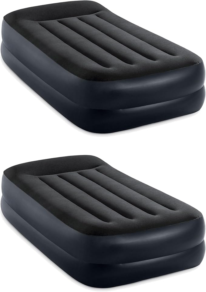 Intex 64121ED Dura Beam Plus Pillow Rest Raised Velvet Blow Up Airbed Mattress with Built in Electronic Pump and Portable Storage Bag Twin (2 Pack)