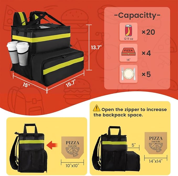 Food Delivery BagLarge Insulated Backpack for Doordash/Uber Eeats Expandable Cooler Bags for Bike/Motorcycle with Reflective Strip and Cup HoldersReusable Pizza Food Delivery Bag with Hand Straps