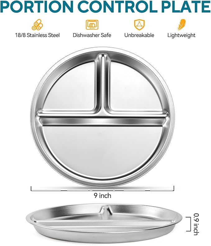 6 Pack Stainless Steel Divided Plate 9 Non Slip Portion Control Plates for Adults Kids Balance Lunch Unbreakable Toddler Set Indoor Outdoor for Party Home Silver