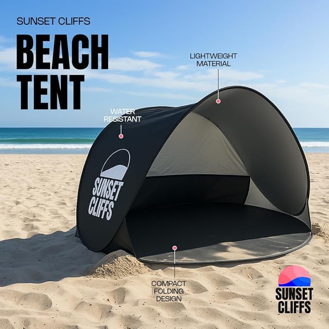 Beach Tent Sun Shelter – Easy Setup Pop-Up Shade Tent with UV Protection &amp Ground Stakes Portable Beach Canopy for 1–2 People