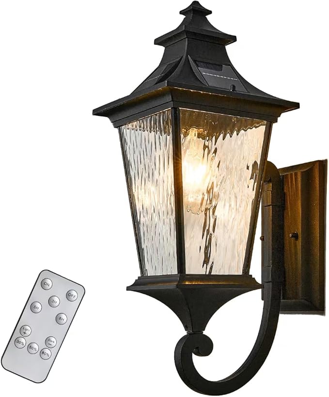 Waterproof Solar Sconces Lights Outdoor with Remote Control 20.9 Inch Height Large Size Solar Wall Lights with Water Ripple Glass Dusk to Dawn Outdoor Lighting Include LED Bulb