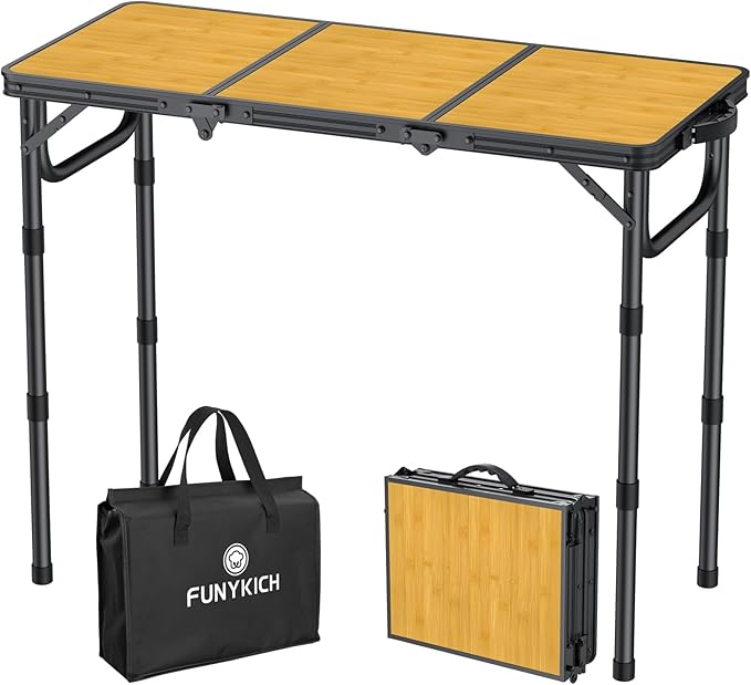FUNYKICH 3ft Camping Folding Table with 3 Adjustable Height Portable Picnic Tables 34.2'' Lx15.7'' W Lightweight Aluminum Outdoor Table with Carry Handle for Camping Picnic Backyard BBQ-Black
