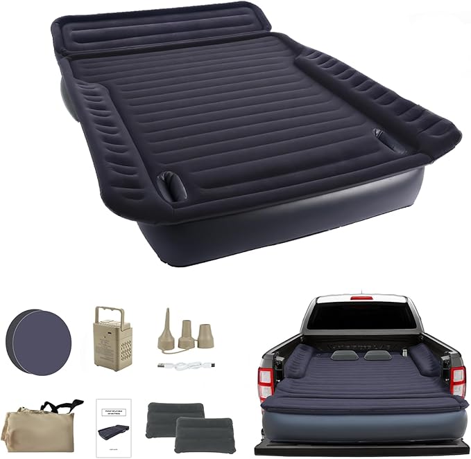 Camping Pickup Truck Bed Air Mattress 5.5-6.5FT Full Size Thickened Self Inflating Outdoor Truck Bed Mattress with Built-in USB Rechargeable Pump and 2 Pillows (84x57x10)