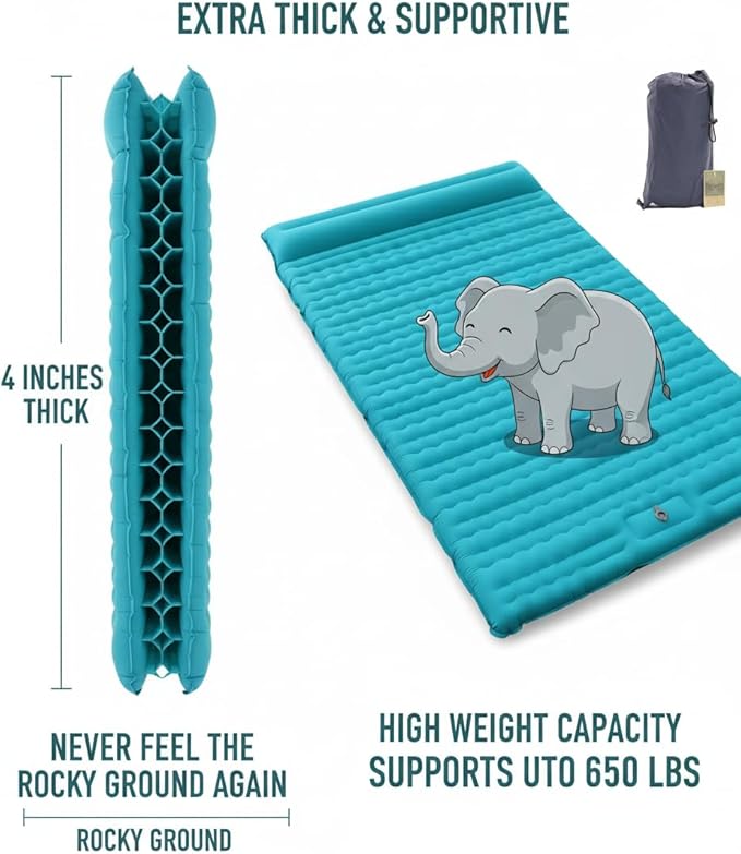 HI FINE CARE Inflatable Double Sleeping Pad for Camping 2 Person Air Mattress Self-Inflating Camp Pad Extra Thick &amp Lightweight Ultimate Comfort for Two Campers