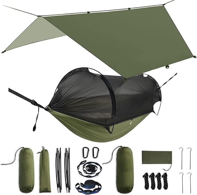 ADVOKAIR Camping Hammock with Mosquito Net and Rain Fly Up to 500lbs Ultralight and Portable Nylon Travel Hanging Hammock with Tree Straps Perfect for Outside Backpacking Hiking and Backyard