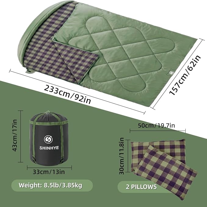 ShinHye Double Sleeping Bag for Adults with 2 Pillows Camping Sleeping Bags Flannel Cotton 2 Person Sleeping Bags XXL Queen Size Sleeping Bag for Cold Weather