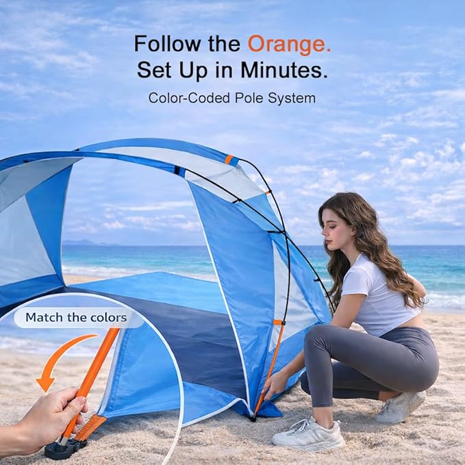 Beach Tent Sun Shelter with UPF 50+ UV Protection Dual Door Design for Better Ventilation Easy Setup Portable Beach Shade Canopy with Carrying Bag for Beach Camping Fishing and Outdoor Travel