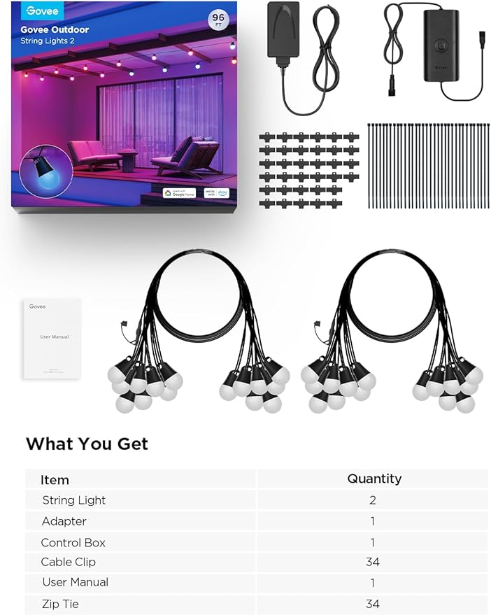 Govee Smart Outdoor String Lights 2 96ft RGBIC Outdoor Lights with Dimmable Warm White LED Bulbs 47 Scene Modes for Patio Backyard IP65 Waterproof Compatible with Alexa App Control