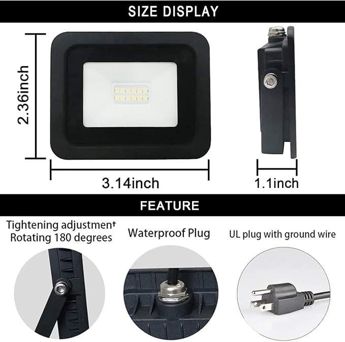 MIWAT 5Pack 10W Daylight LED Flood Light Outdoor LED Work Light Plug and Play Waterproof Outdoor Floodlights for Yard Garden Playground 3x2