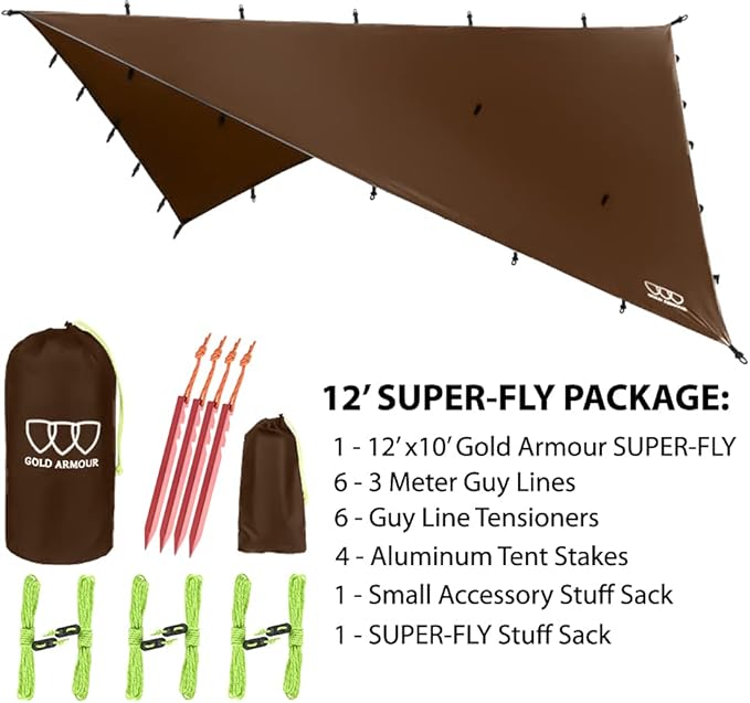 Gold Armour Rainfly Tarp Hammock Premium 14.7ft/12ft/10ft/8ft Rain Fly Cover Waterproof Ultralight Camping Shelter Canopy Survival Equipment Gear Camping Tent Accessories (Brown 12ft x 10ft)