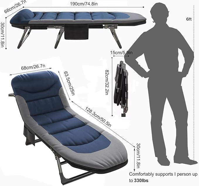 Portable Cot for Camping Adult Folding Camping Cot with Thick Mattress Pillow Adjustable Cots for Sleeping with Pad 26 Wide Outdoor Lounge Chair for Home Office Nap Beach Travel Hiking (Blue)