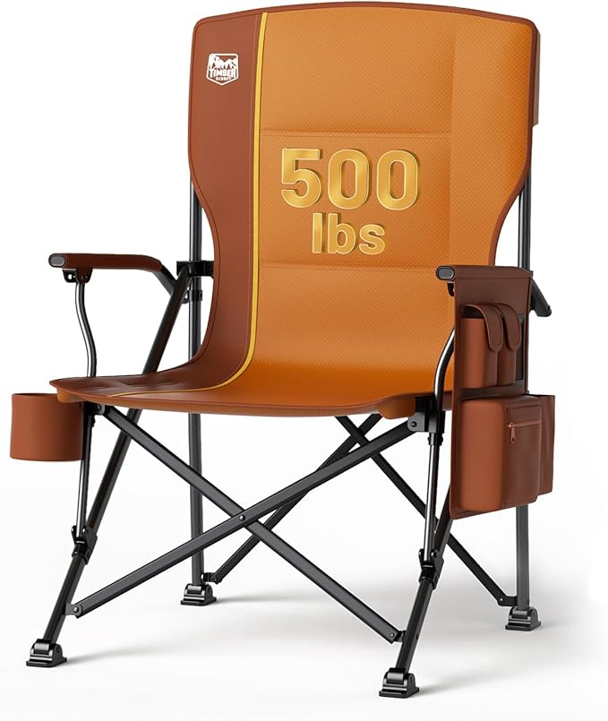 Timber Ridge 500lbs Oversized Folding Camping Chair Heavy Duty Lawn Chair for Adults Portable Collapsible High Back Chair with Cup Holder Side Pocket Cooler Bag for Outdoor Sports Orange