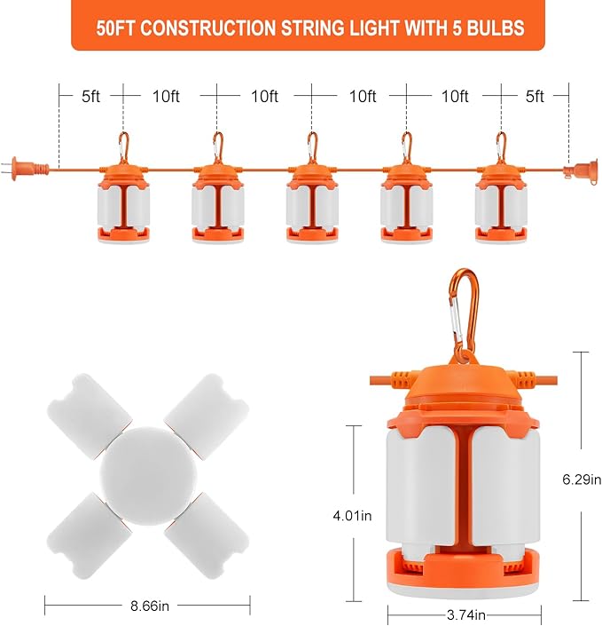 50ft Construction String Lights 150W LED Industrial Grade 15000LM Super Bright Work String Lights for Construction Sites Temporary Work Job site Indoor and Outdoor Lighting (50ft)
