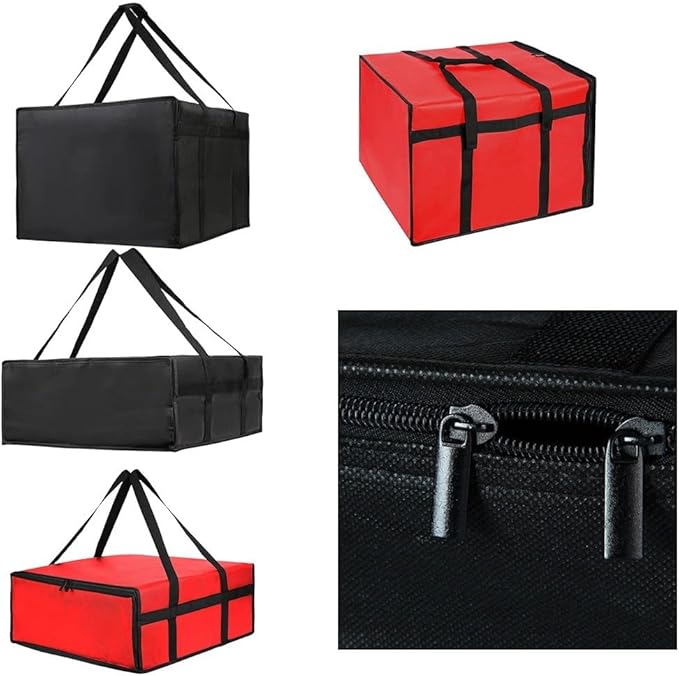 Insulated Pizza Delivery Bag Large Capacity Non-Woven Fabric Thick Foam Padding Heat Retention Water-Resistant Transparent Order Pocket Wristband Opening(Black 50 * 20.5CM)