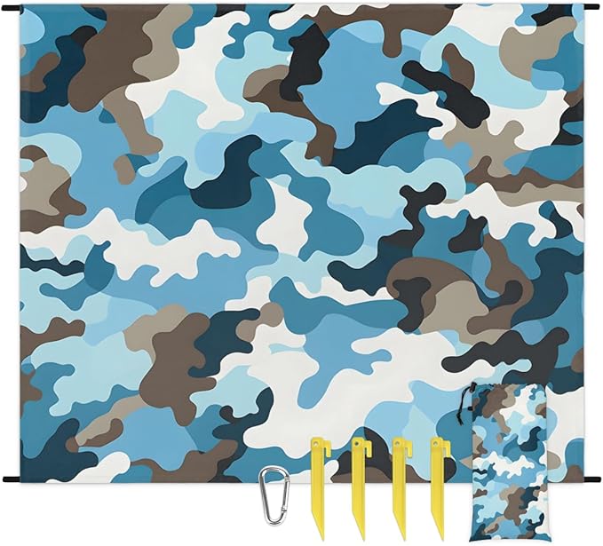 Waterproof Sandproof Beach Blanket 59''×68'' Camouflage Polyester Outdoor Picnic Blanket with 4 Stakes &amp Storage Bag for BeachCampingVacation Light Blue