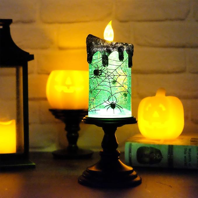 Eldnacele Halloween Snow Globe Candles Lighted Lamp Battery Operated Spooky Spinning Water Glittering Tornado Candle Flameless Candles Table Centerpiece for Halloween Decoration Indoor(Spider)
