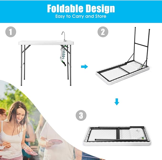 Goplus Portable Fish Cleaning Table with Sink Folding Outdoor Camping Sink Station with Hose Hook Up Heavy Duty Fillet Table with Faucet for Dock Beach Patio Picnic