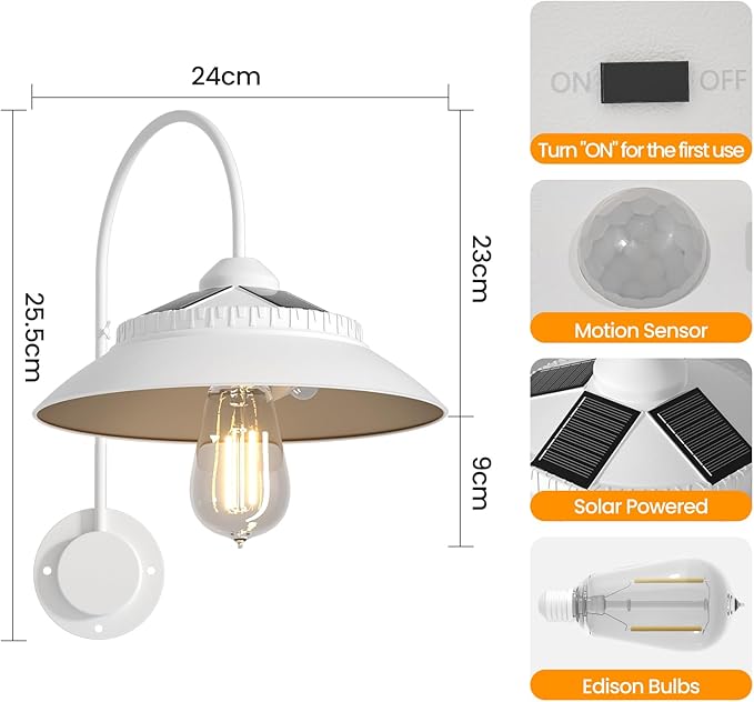 Solar Gooseneck Lights Outdoor Waterproof - Motion Sensor Rustic Vintage Porch Lights with Clear Glass LED Edison Bulbs and 4 Solar Panels for BarnPatioCoopShed and Courtyard(White 1P)