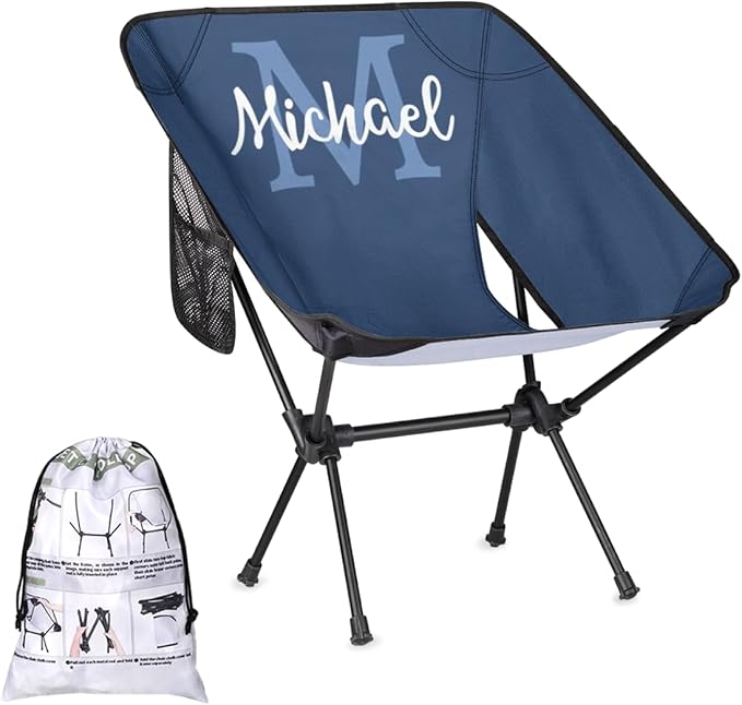 Custom Dark Blue Portable Camping Chair Personalized Backpacking Chair with Name Lightweight Foldable Chairs for Hiking Beach