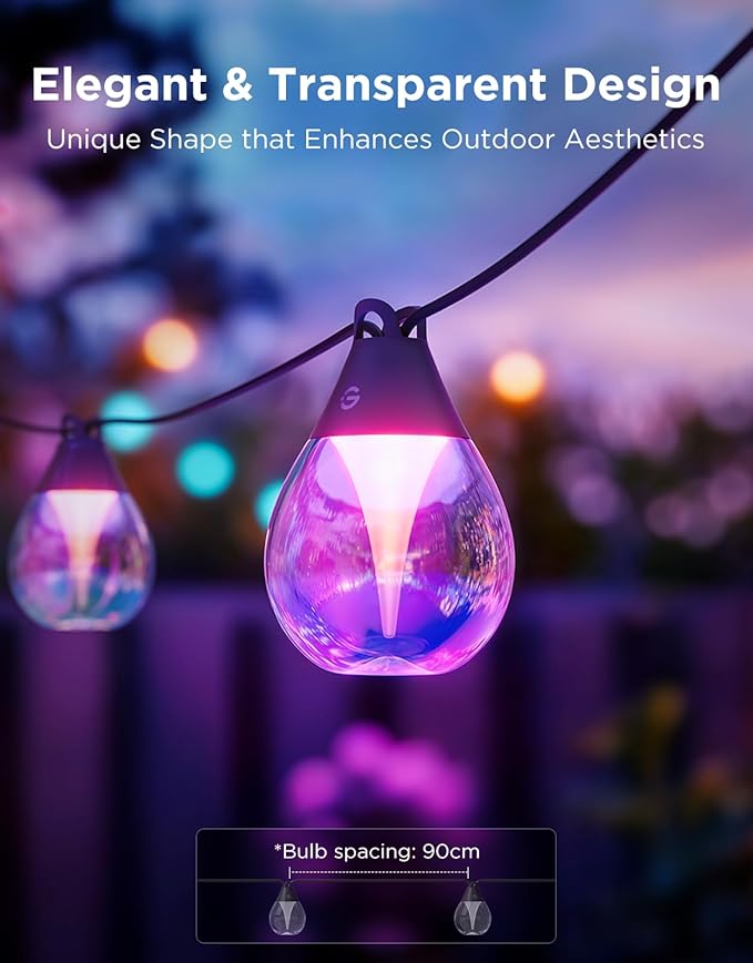 Govee Clear Bulb Outdoor String Lights 48ft RGBWIC Dimmable Patio &amp Backyard Lights with 15 LED Bulbs 111 Modes IP67 Waterproof &amp Shatterproof Works with Alexa Google &amp Matter
