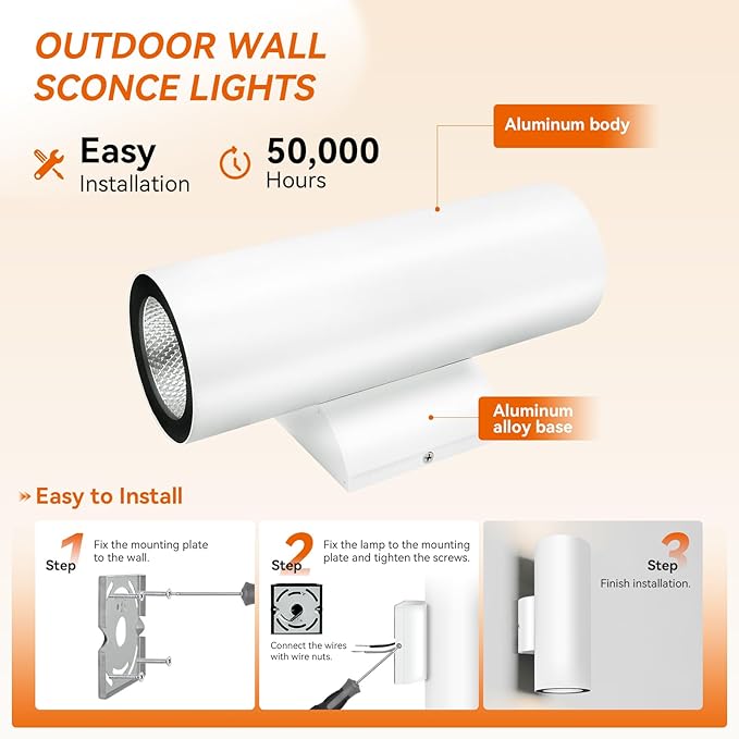JO.KO Porch Light in 2 Lights Cylinder Wall Lights 10.24 2 Pack Up Down Lights 2700K Warm White Waterproof Wall Sconce AluminumExterior Light Fixture Wall Mount White