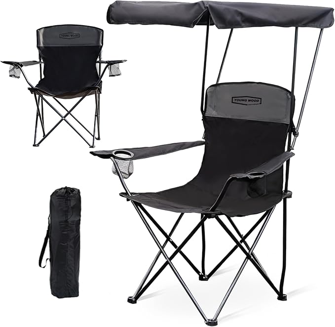 YOUNG WOOD Portable Camping Chair Beach Chair with Shade Canopy Fold Lightweight Oversized for All Easy to Open and Close Without Installation Side Pocket Design for All Outdoor ActivitiesBlack