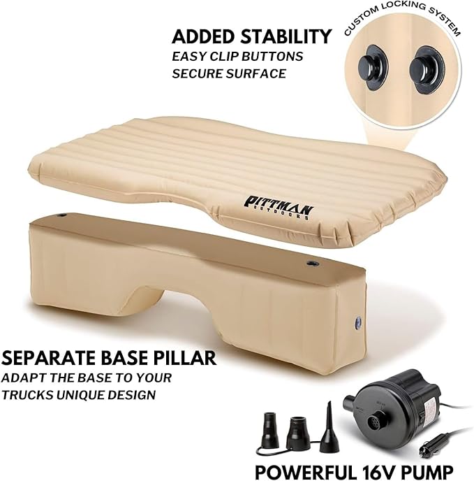 Pittman Outdoors Backseat Bed Air Mattress – 60” Rear Seat Air Mattress for Trucks Vans &amp Large SUVs – Includes Pump Pillow &amp Storage Bag – Inflatable Back Seat Air Mattress – Tan