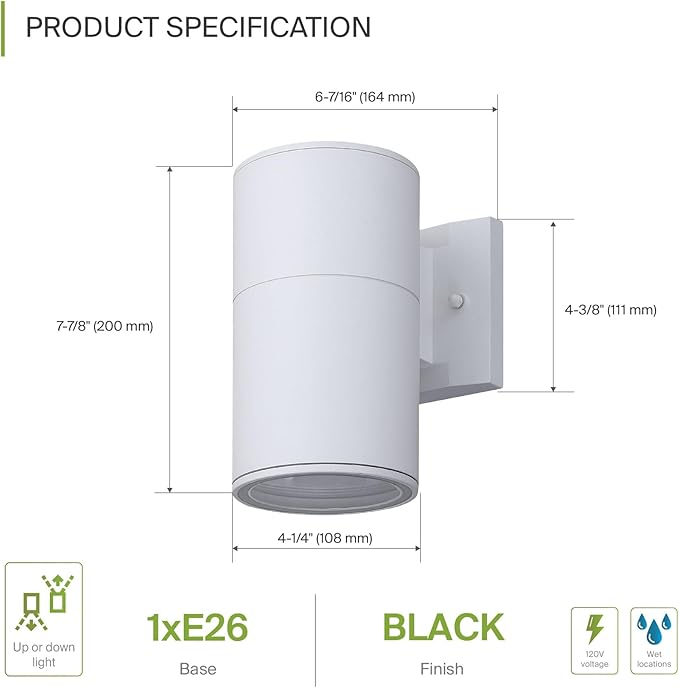 ASD 1 Light Outdoor Wall Light Fixture | 60W E26 Bulb Socket 120V ETL Cylinder Up Down Lights | LED/CFL/Incandescent Bulb Exterior Wall Sconce | Front Door Porch Patio Lighting | White