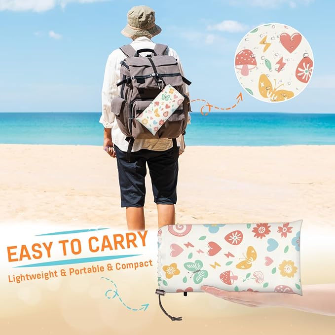 Waterproof Sandproof Beach Blanket 59''×68'' Animals Butterflies Polyester Outdoor Picnic Blanket with 4 Stakes &amp Storage Bag for BeachCampingVacation White Background