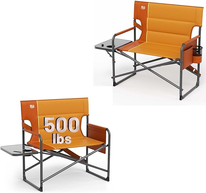 TIMBER RIDGE XXL Director’s Chair – Heavy Duty Folding Chair with Side Table 500 lb Capacity Extra Wide Padded Seat for Camping Sports Beach Patio and Outdoor Use Orange-2 Pack