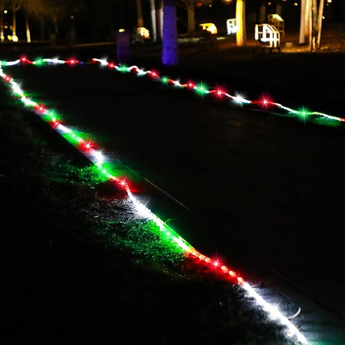 50ft 360 LED Waterproof Rope Lights 110V Connectable Indoor Outdoor Led Rope Lights for Deck Patio Pool Camping Bedroom Decor Landscape Lighting and More (RED+White+Green)