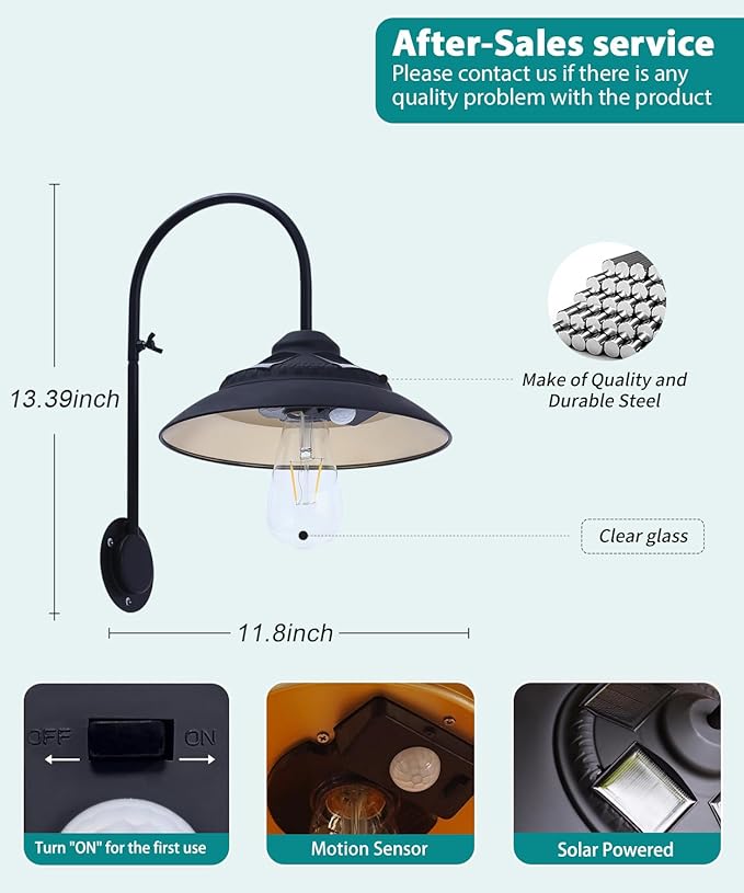 Goodeco Solar Barn Light with Motion Sensor - Metal Design Outdoor Lights - 4 High Efficiency Solar Panels with Clear Glass LED Edison Bulb Perfect Chicken Coop Light &amp More (Black)