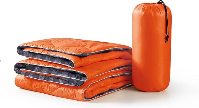 UNIKOME Waterproof Puffy Camping Blanket - Lightweight Packable Outdoor Quilt with Corner Loops Warm Compact Blanket for Cold Weather Hiking Picnic Stadium Travel 75×52 Orange