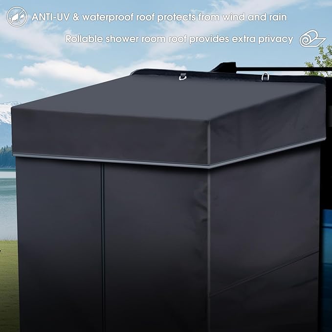 Shower Awning Tent with Roof 3ft x 3ft Vehicle Side Shower Room LED Light Camping Privacy Shelter Restroom Bathroom UV-Resistant Waterproof Storage