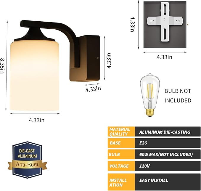 Outdoor Wall Lamp Waterproof and Anti-Rust Aluminium Modern Wall Light Fixture Milk Glass Indoor for OutsideGarden Matt Black